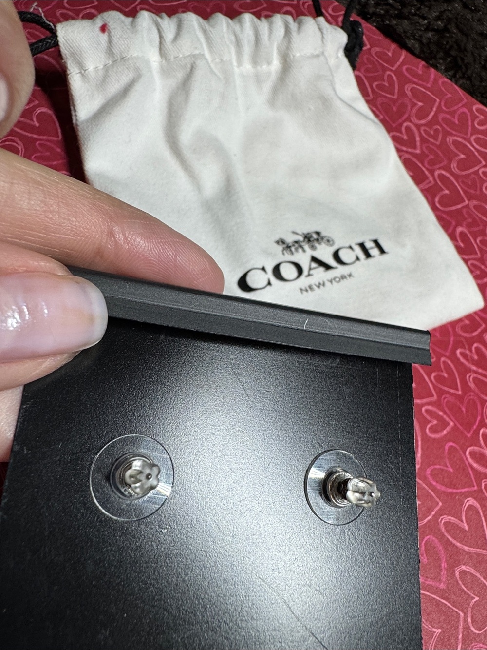 Coach Silver-Tone Crystal Center Stud Earrings with Drawstring Bag - Picture 3 of 9